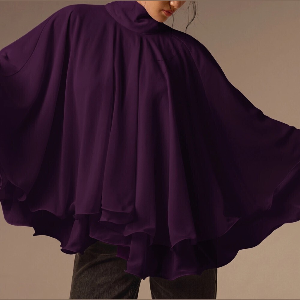 Plum Purple Draped Cape Sleeve High Collar Sheer Chiffon Blouse